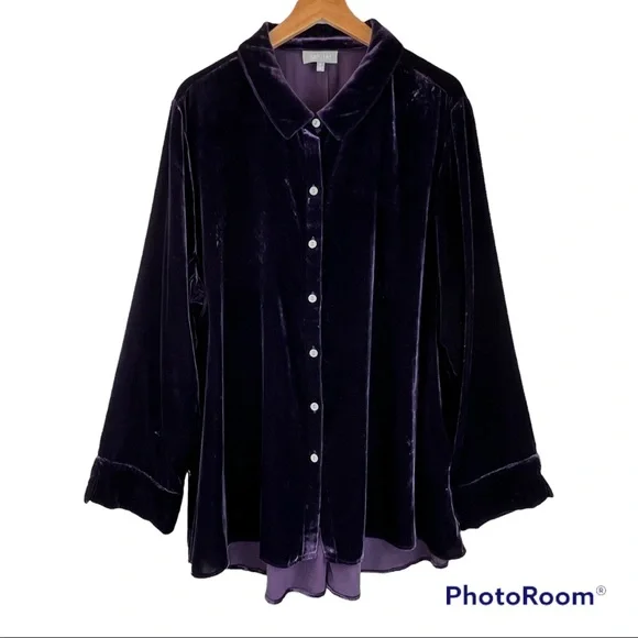 🇺🇸SOLD🇺🇸 Habitat Mandarin Velvet Shirt Top XL Purple - Picture 3 of 9